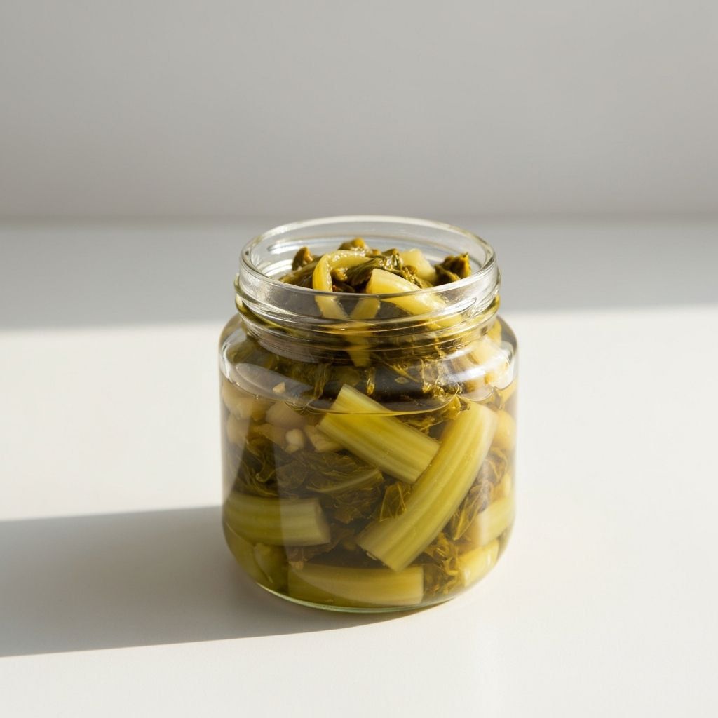 Pickled Mustard Greens (Dưa cải) in a glass jar