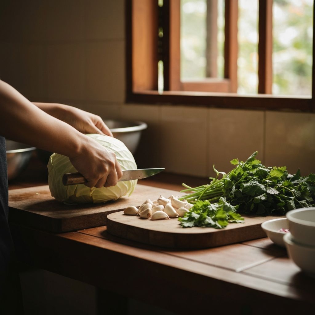 Hands preparing fresh vegetables on a wooden cutting board